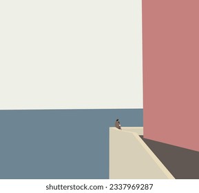 Couple hugging on building by the lake, travel and relax together with nature. Summer vacation, love, kissing, honeymoon.