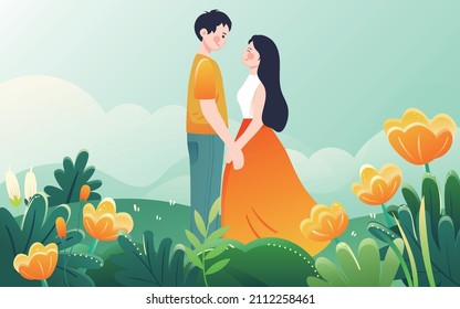 A couple hugging on the grass with flowers and plants in front, vector illustration