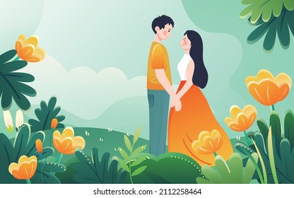 A couple hugging on the grass with flowers and plants in front, vector illustration