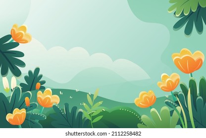 A couple hugging on the grass with flowers and plants in front, vector illustration