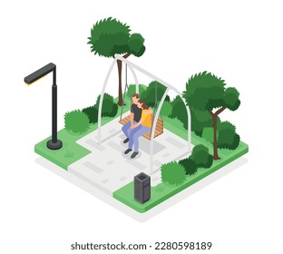 Couple hugging on swing in city park isometric composition vector illustration