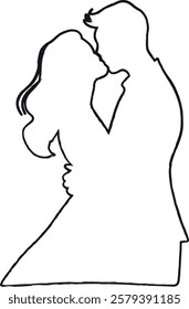 Couple hugging. Outline drawing outline. This silhouette style illustration conveys themes of love, companionship, romance and emotional connection, making it perfect for wedding invitations, romantic