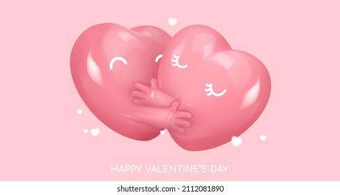 Couple hugging pink glossy candy hearts with closed eyes and hands. Symbol of love. Be my Valentine. Vector illustration for card, party, design, flyer, poster, decor, banner, web, advertising.