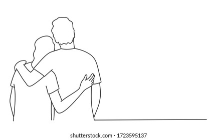 Couple hugging  Rear view  Contour drawing vector illustration  Line art  