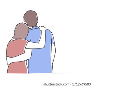 Couple hugging. Rear view. Hand drawn vector illustration.