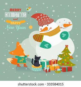 Couple of hugging snowmen. Vector christmas greeting card