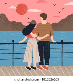 Couple hugging standing on waterfront admiring seascape at sunset vector flat illustration. Man and woman having romantic date back view. Boyfriend and girlfriend relaxing together on embankment