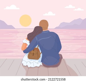 Couple hugging at sunset. Romantic date by ocean, family cuddle, love of tourists travel, pink sun on horizon sky, man hug woman back view flat character swanky vector illustration