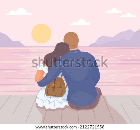 Couple hugging at sunset. Romantic date by ocean, family cuddle, love of tourists travel, pink sun on horizon sky, man hug woman back view flat character swanky vector illustration