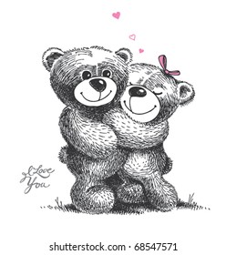 Couple of hugging teddy bears with small hearts. Hand drawn illustration, vector.