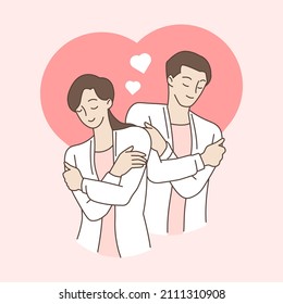 Couple hugging themself with hearts on pink background. Self love and self care. Love yourself. Love your body concept. Hand draw style. Vector illustration.