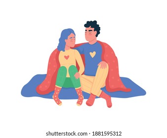 Couple hugging under blanket flat color vector detailed characters. Spending time together indoors. Valentines day at home isolated cartoon illustration for web graphic design and animation