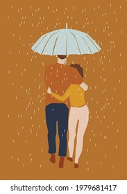 Couple is hugging under an umbrella. Rainy romantic day. Autumn mood.