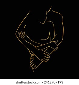 Ilustración vectorial de abrazo de pareja. El contínuo dibujo de la pareja se abrazó. Arte decorativo aislado de fondo negro. Hombre y mujer en un estilo lineal. Arte de línea vectorial. Dibujo de línea de oro. 