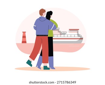 Una pareja abrazada mientras mira un crucero y la vista al mar. Diseño de personajes. Ilustración plana de Vector