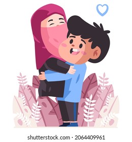 couple hughs each other, husband and his wife with pink hijab looks so romantic happy in wedding anniversary modern cartoon flat color isolated background vector illustration