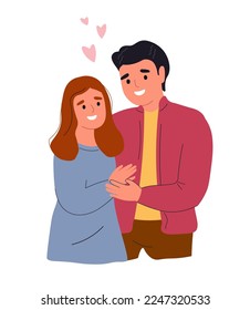 La pareja se abraza. Un hombre y una chica enamorados se abrazan. Feliz hombre y mujer juntos. Gráficos vectoriales.