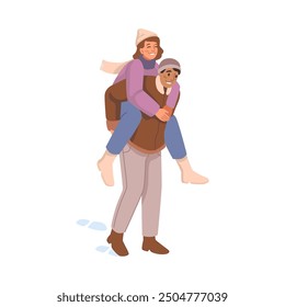 Couple hugs and have fun together at wintertime flat cartoon vector illustration. Happy woman riding on man on snow, people resting together on winter holidays, boyfriend and girlfriend