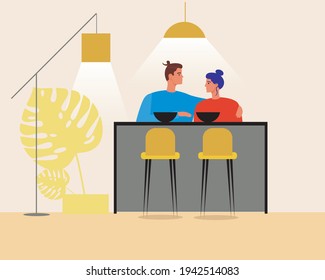 A couple hugs in the kitchen. Flat vector illustration. Romantic dinner or breakfast at home. Man and woman together as a couple. Young people. Yellow kitchen. Vector graphics