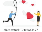 Couple of hunters chasing red hearts with butterfly net. Man and woman looking for love and relationship. Valentines day concept. Vector illustration.


