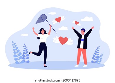 Couple of hunters chasing red hearts with butterfly net. Man and woman looking for love and relationship flat vector illustration. Valentines day concept for banner, website design or landing web page