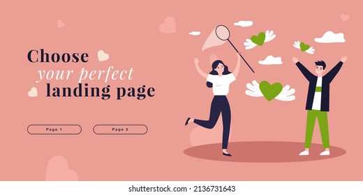 Couple of hunters chasing red hearts with butterfly net. Man and woman looking for love and relationship flat vector illustration. Valentines day concept for banner, website design or landing web page