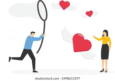 Couple of hunters chasing red hearts with butterfly net. Man and woman looking for love and relationship. Valentines day concept. Vector illustration.

