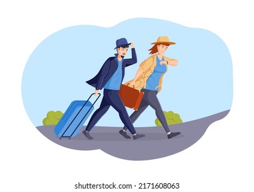 Couple hurrying with luggage to airport or train station. Passengers wheeling and carrying suitcases. Traveling man and woman late for boarding. Rushing tourists going on vacation flat vector