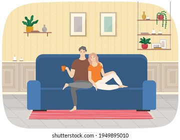 Couple husband and wife relaxing in apartment. Family resting in living room. People in relationship