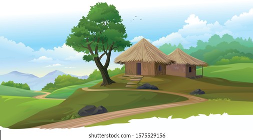 A couple of huts in the middle of a beautiful green valley