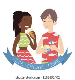 Couple with ice cream. Vector illustration of multicultural pair on white background. European boy with hand-packed portion of ice cream and african girl licking ice cream in cone. Flat cartoon style.