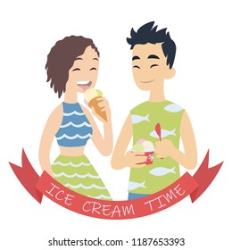 Couple with ice cream. Vector illustration of multicultural pair on white background. Asian boy with hand-packed portion of ice cream and european girl licking ice cream in cone. Flat cartoon style.