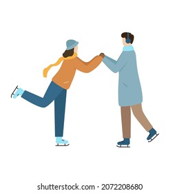 The couple is ice skating. The guy helps learn girl not to fall and holds her for. Winter sports and outdoor activities. Vector flat illustration isolated on white background