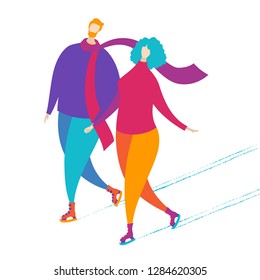 Couple ice skating. Man and woman dressed in outerwear. Outdoor winter activity. Time together. Flat vector outdoor illustration. Isolated on white background.