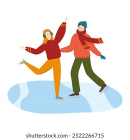 Couple ice skating on ice rink vector illustration. Happy young man and woman figure skating isolated on white background. Winter dating, leisure time activity for Christmas card, seasonal banner