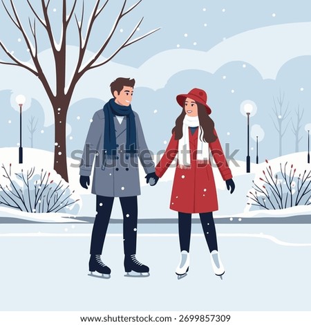 A couple is ice skating in a park during winter. They are holding hands and wearing winter coats.