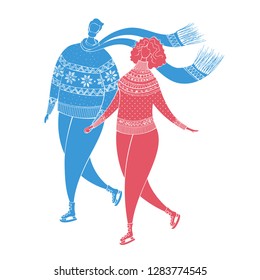 Couple ice skating. Time together. Man and woman dressed in outerwear. Outdoor winter activity. Vector outdoor illustration. Blue and red silhouettes isolated on white background.