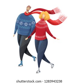 Couple ice skating. Time together. Man and woman dressed in outerwear. Outdoor winter activity. Flat vector outdoor illustration. Isolated on white background.