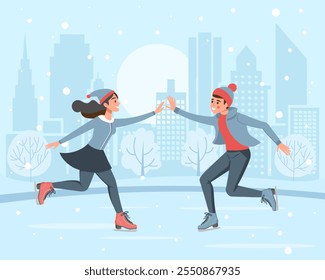 Um casal patinando juntos no fundo da paisagem de inverno. Esporte de inverno, atividade esportiva ao ar livre. Ilustração plana