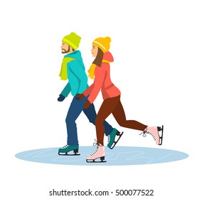 Couple Ice Skating together on ice rink, holding hands