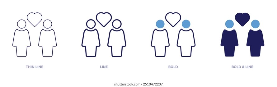 Icono de pareja en 4 estilos diferentes. Línea delgada, línea, negrita y línea negrita. Estilo duotono. Trazo editable.