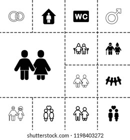 Couple icon. collection of 13 couple filled and outline icons such as children, man in home, family, male, engagement rings. editable couple icons for web and mobile.