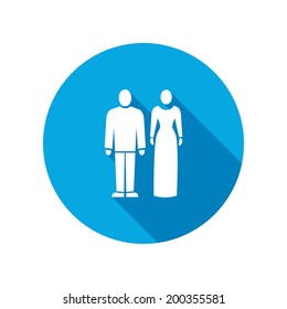 Couple icon. Husband and wife on the fashion show silhouette symbol. Social events. Round circle flat icon with long shadow. Vector