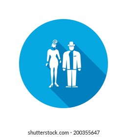 Couple icon. Husband and wife on the fashion show silhouette symbol. Social events. Round circle flat icon with long shadow. Vector
