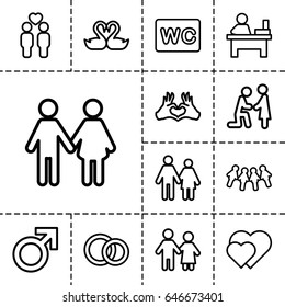 Couple icon. set of 13 outline coupleicons such as male, wc, table, gay couple, swan heart, heart tag, engagement rings, family, couple, marriage proposal, hearts