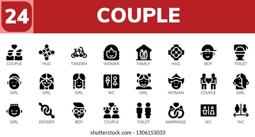couple icon set. 24 filled couple icons.  Collection Of - Couple, Hug, Tandem, Woman, Family, Boy, Toilet, Girl, Wc, Gender, Marriage