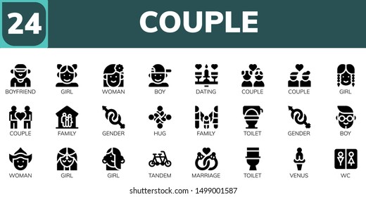 couple icon set. 24 filled couple icons.  Collection Of - Boyfriend, Girl, Woman, Boy, Dating, Couple, Family, Gender, Hug, Toilet, Tandem, Marriage, Venus, Wc