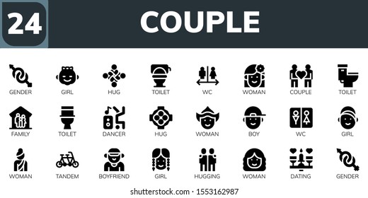 couple icon set. 24 filled couple icons.  Collection Of - Gender, Girl, Hug, Toilet, Wc, Woman, Couple, Family, Dancer, Boy, Tandem, Boyfriend, Hugging, Dating icons