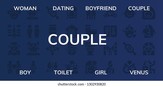  couple icon set. 32 filled couple icons. on blue background style Simple modern icons about  - Woman, Dating, Boyfriend, Couple, Boy, Toilet, Girl, Venus, Gender, Hug, Wc, Family