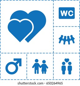 Couple icon. set of 6 couple filled icons such as male, wc, hearts